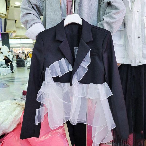 

seebeautiful irregular gauze stitching loose blazer coat notched long sleeve button fashion spring summer 2021 woman e287 women's suits, White;black