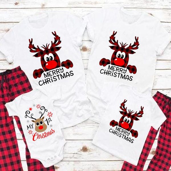 

women's t-shirt deer merry christmas print family matching clothes mother father daughter son kids baby romper t shirt parent-child, White