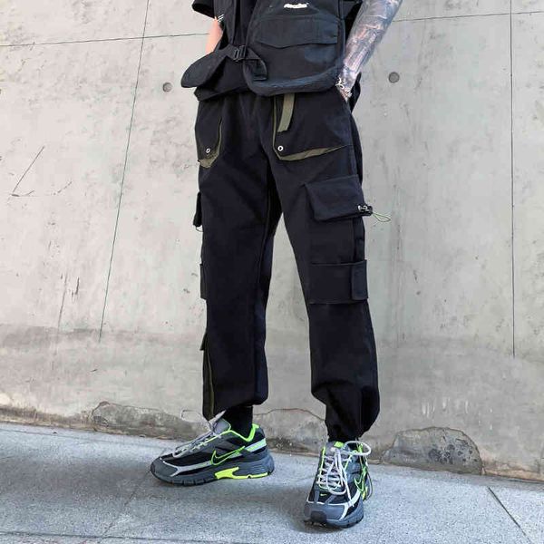 

man streetwear black pants 2021 hip hop jogger tapes harajuku slacks sweatpants multi-pocket overalls