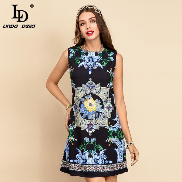 

della 2021 summer women fashion designerÂ a-line dress crystal beading sleeveless vintage printed slim short dresses casual, Black;gray