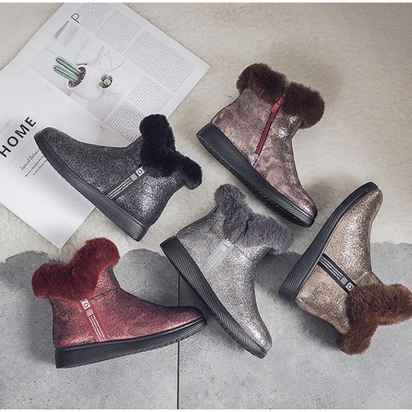 

boots women warm plush snow ladies short soft pu leather comfortable flat shoes heels zippers woman female footwear ankle, Black