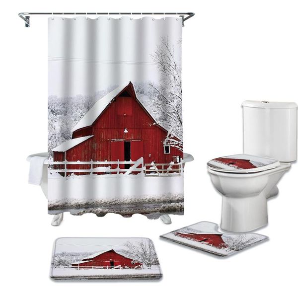 

beautiful big red barn bathroom set durable fabric waterproof shower curtain rug carpet toilet lid cover bath mat curtains