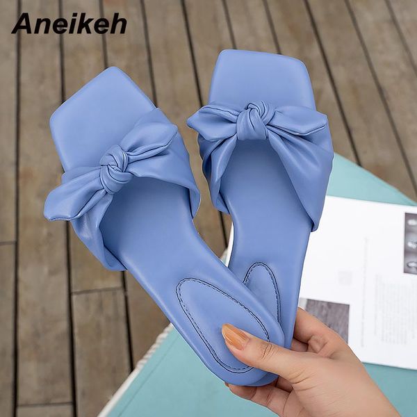 

aneikeh pu ladies shoes slippers women's square heels slides fashion summer 2021 sweet shallow solid butterfly-knot pleated, Black