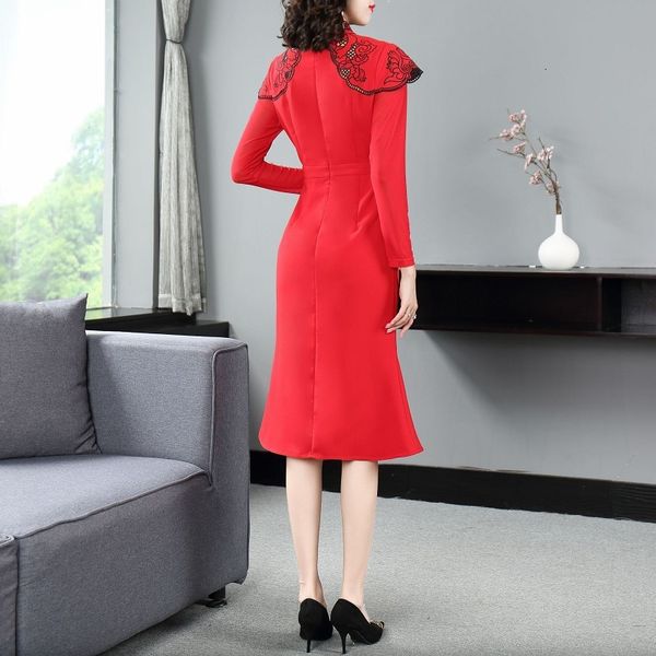 

dresses brand party mermaid es autumn winter women exquisite embroidery long sleeve midi black red xl, Black;gray