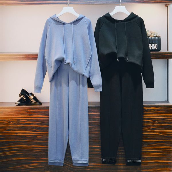 

autumn winter thick knitted hooded pullover sweater + pants women two piece sets tracksuit sweatshirts female pant suit 210416, White