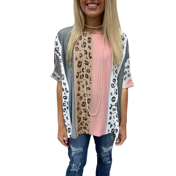 

women's t-shirt leopard patchwork t-shirts casual summer fashion short sleeved round neck tee ladies basic style street tees d30, White