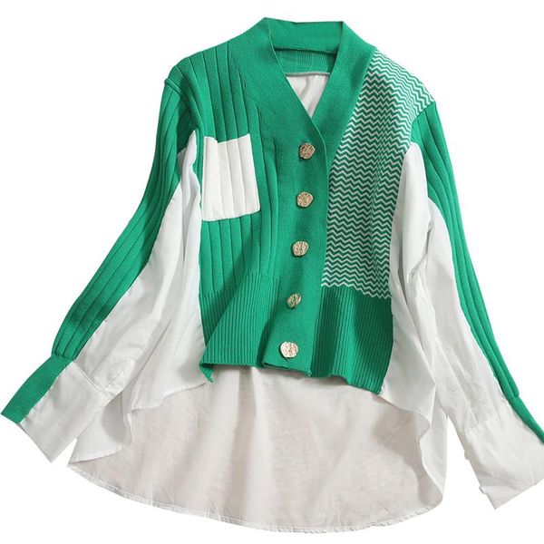 

women's knits & tees [ewq] single breasted v-neck sweater coat patchwork jackets contrast color fake two-piece outerwear shirt 2021 au, White