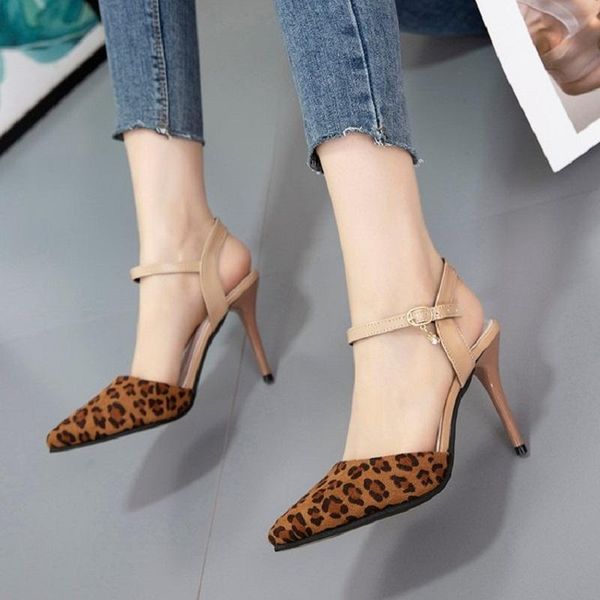 

fashion women sandals thin high heel peep toe all match black leopard shoes buckle pu leather dress
