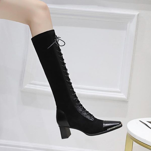

boots lace up shoes lady square metal toe thigh high heels bootee woman ladies knee-high, Black