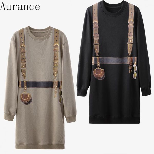 

casual dresses [aurance]women pattern print color matching big size dress black loose long sweatshirt women spring/autumn clothing, Black;gray