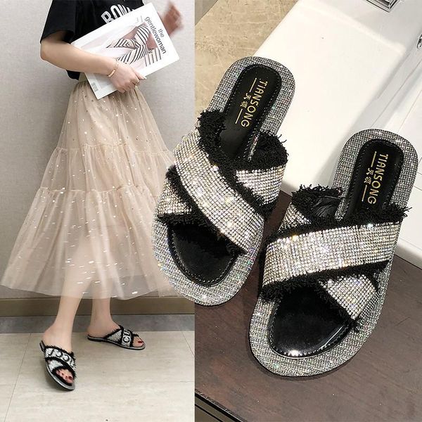 

diamond shining sandals women summer flat cross home beach slippers, Black