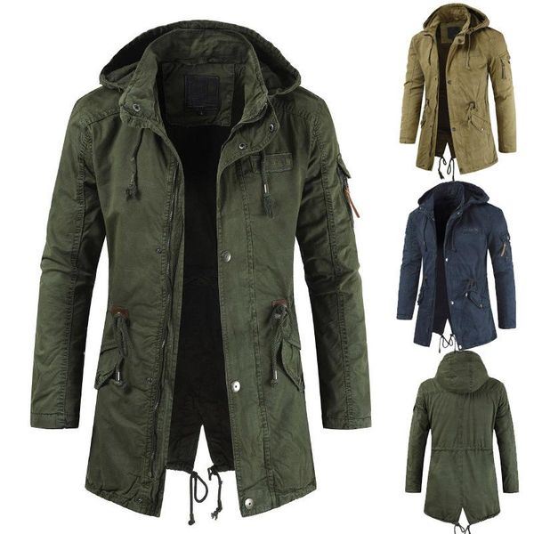 

men's trench coats mid-length jacket coat back slit badge stand collar anorak hooded with hood pockets button warm fashion casual, Tan;black
