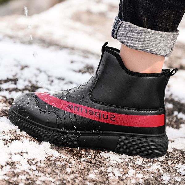 

winter rain shoes men's medium and short cylinder labor protection waterproof anti-skid fashion warm cotton boots plush, Black