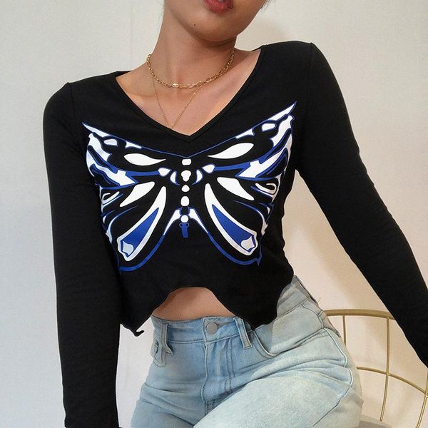 

women's t-shirt butterflies 2021 summer fashion long sleeves slim v collar printed crop streetwear women goth, White