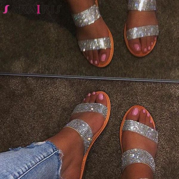 

slippers sarairis big size 36-42 ins ladies casual flat with women fashion crystal slip on summer shoes woman, Black