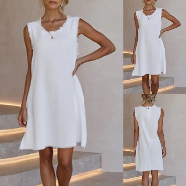 Günlük Elbiseler Yaz Beyaz Elbise O-Boyun Seksi Moda Kolsuz Gevşek Artı Boyutu Kadın Giyim Vestidos