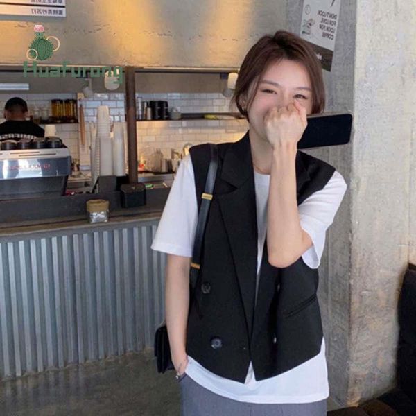 

women's vests thin vest coat women outside wear 2021 summer casual black loose lapel short jacket with buttons front open, Black;white