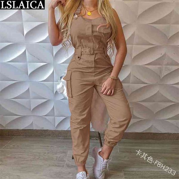 Jumpsuit mulheres verão sólido cor tem cinto plus tamanho bolso design s casual streetwear suspender 210515