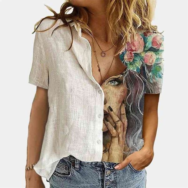 

vintage print button up shirt turn down collar casual blouse short sleeve summer women lady office plus size 210520, White