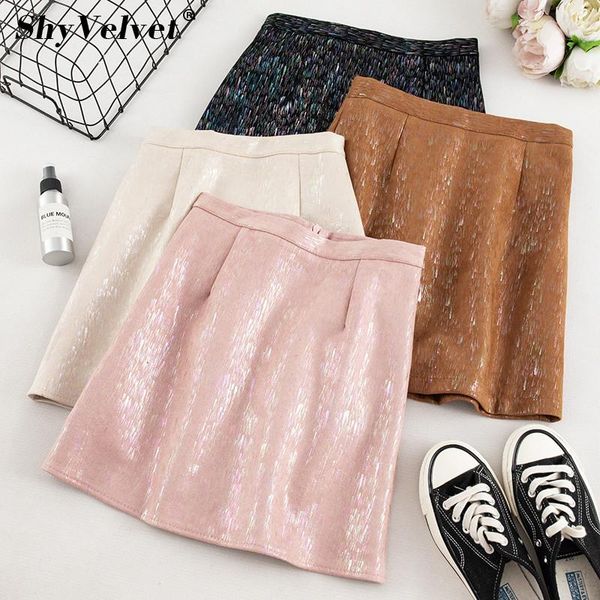 

skirts autumn winter elegant women mini high waist faux suede skirt a line pink shiny zipper bodycon short saias faldas, Black
