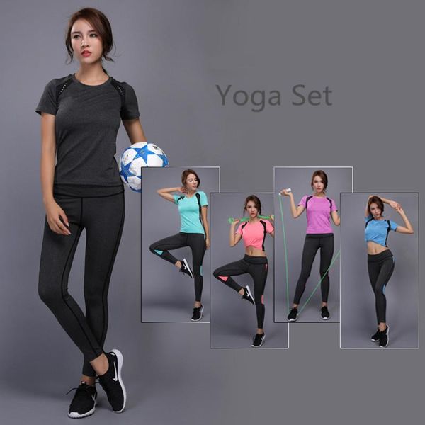 

yoga outfits 2pcs set women gym fitness clothing high waist leggings running sportswear clothes tennis shirt+pants, White;red