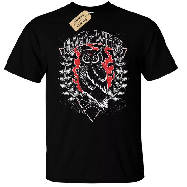 

black wings camiseta hombre rock punk bÃºho gÃ³tico bÃºhos, White;black