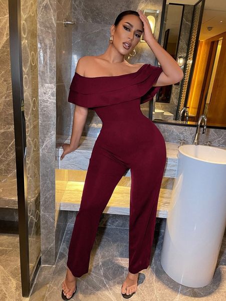 

sxy tiered layer ruffle trim bardot jumpsuit r92c#, White