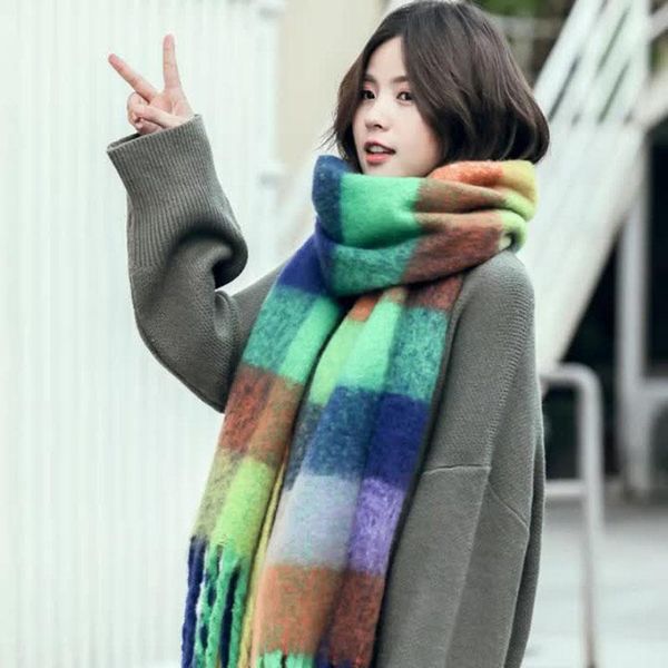 

scarves 2021 women plaid scarf autumn and winte pashmina shawls cashmere thick wraps lady tassel warm rainbow hairy bufanda, Blue;gray