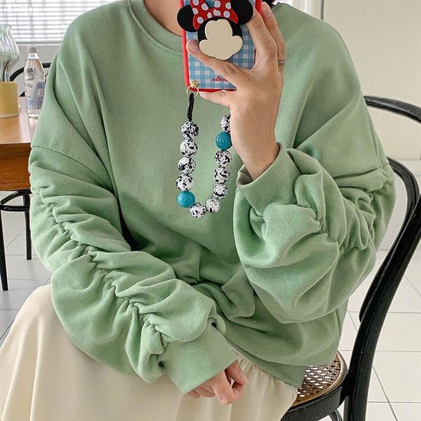 

women's hoodies & sweatshirts [ewq] korean chic autumn winter round neck pleated long lantern sleeve loose casual plush sweatshirt fema, Black