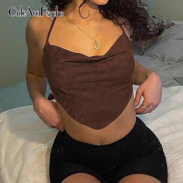 

backless y2k halter camisole women clubwear vintage harajuku brown crop fashion cute lace-up vest 2021 cuteandpsycho women's tanks, White