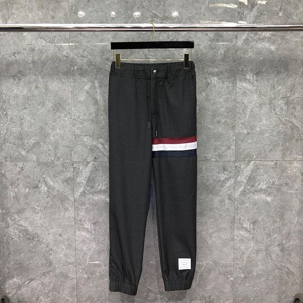 

men's pants fashion 2021 brand men casual patchwork hollow striped slim autumn winter wool straight trousers, Black