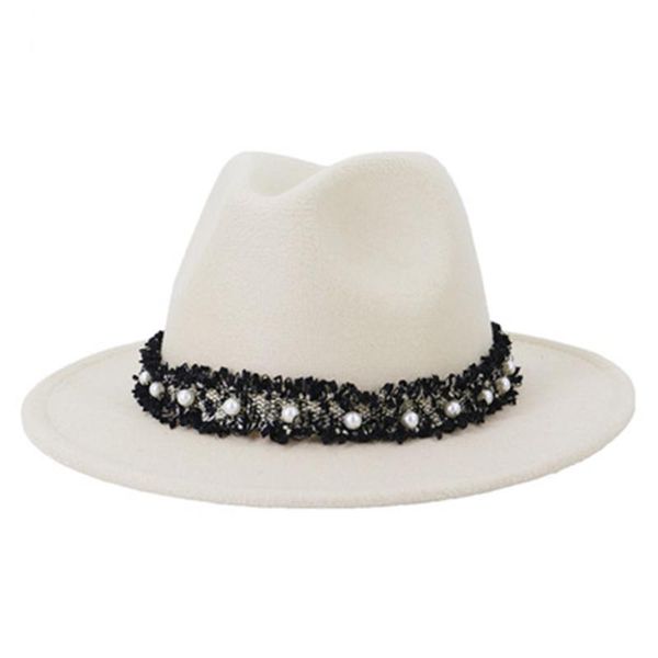 

wide brim hats women fedoras solid band belt pearl khaki camel black felted panamas jazz cap elegant luxury wedding formal fedora hat, Blue;gray
