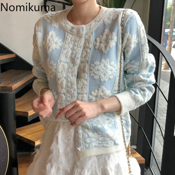 

nomikuma sweaters outerwear chic korean embroidery flowers o neck long sleeve single-breasted knitted cardigan women 3d608 210514, White;black