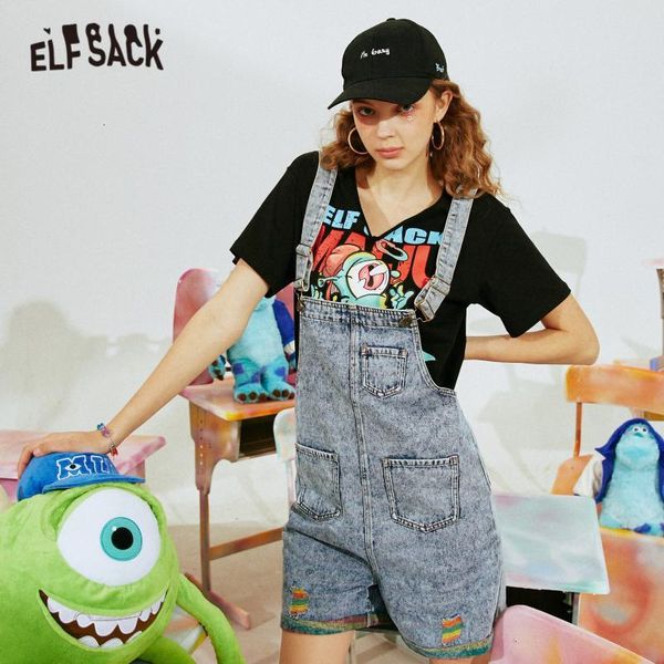 

elfsack blue solid ripped casual women overall wide leg denim jeans summer elf colorblock korean ladies daily jumpsuits, Black;white