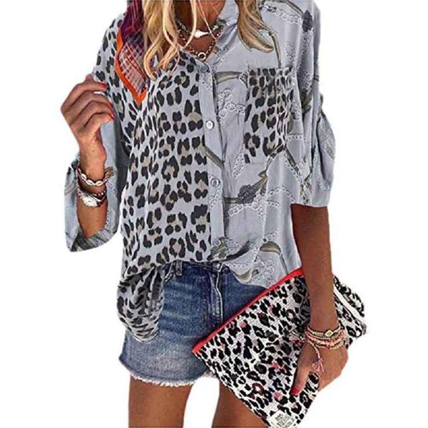 

women's blouses & shirts casual spring loose long sleeve tunic elegant fashion stand up collar splice button leopard print women, White