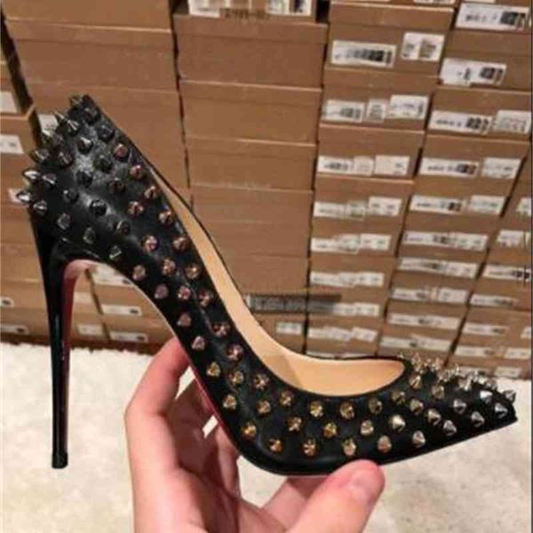 

dress shoes 2022 luxury brand red pumps women high heel rivets pointed toes shallow wedding 8cm 10cm 12cm 34-44 uz63, Black