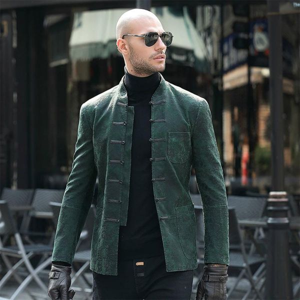 

men's leather & faux spring and autumn genuine retro tang suit jacket high-end men sheepskin short chinese style coat, Black