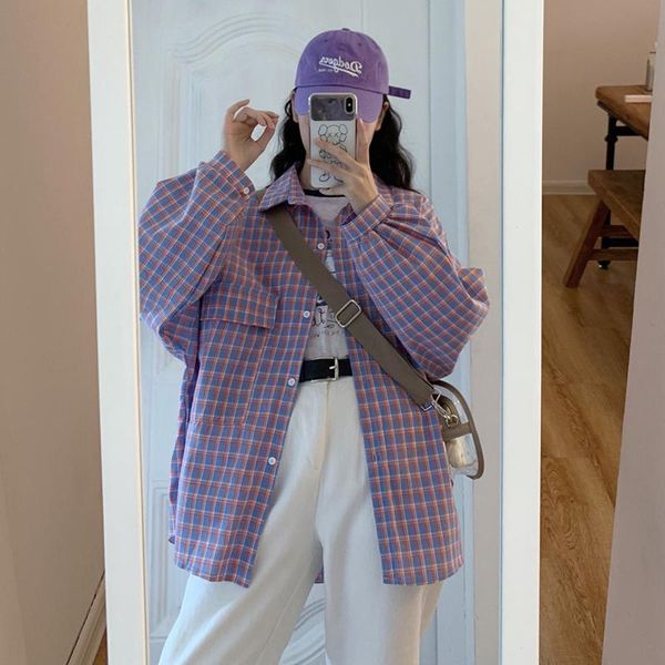 

women's blouses & shirts autumn women fashion long sleeve plaid print korean style shirt loose leisure casual clothes blouse, White