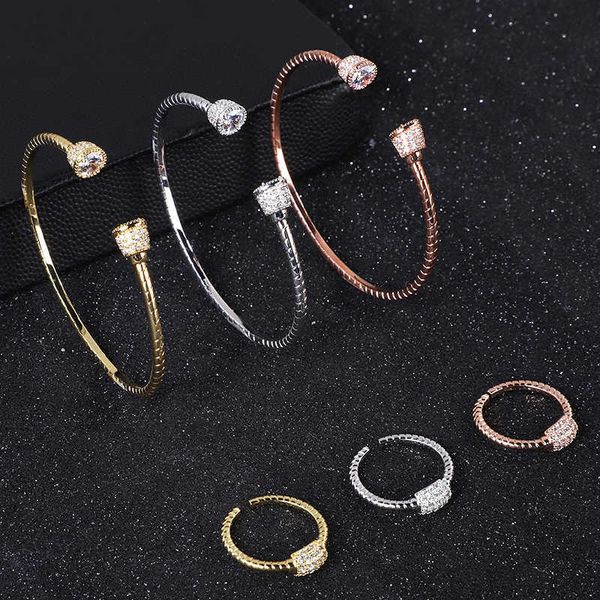 

3sets/package luxury geometry saudi arabia bangle ring set for women micro cubic zircon pave party wedding dubai jewelry h1022, Silver