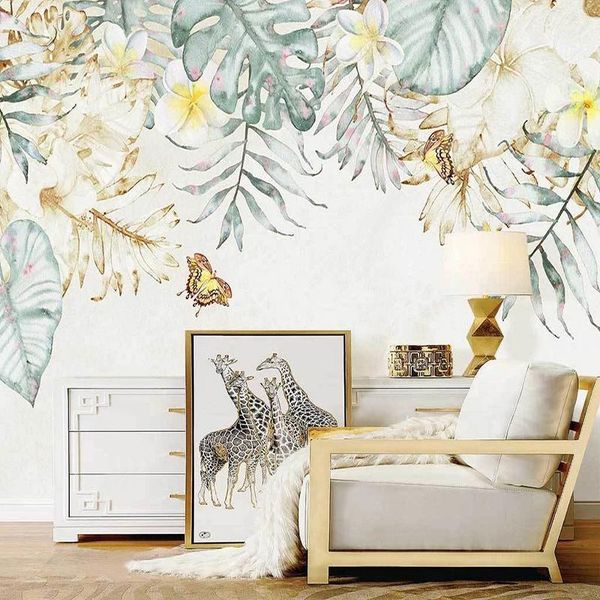 

wallpapers custom mural wallpaper nordic ins hand painted 3d tropical plants elegant flowers wall painting living room sofa bedroom murals