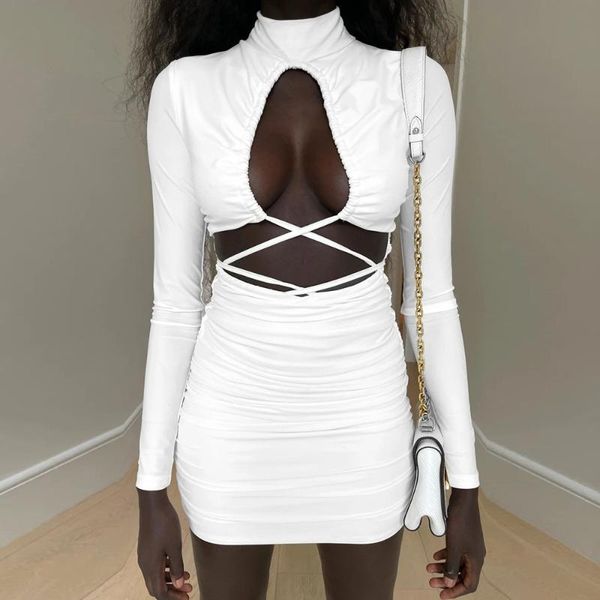 

casual dresses skmy party dress 2021 autumn and winter solid color hollow out lace-up pleated long sleeve turtleneck white, Black;gray