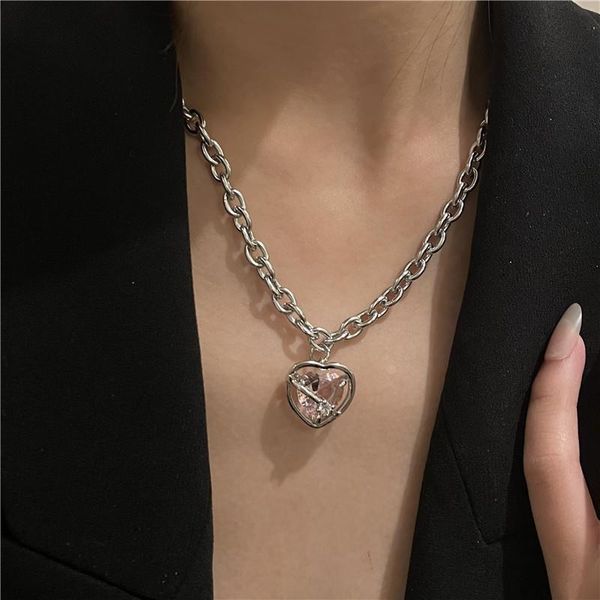 

pendant necklaces 2021 pink purple love hollow heart crystal metal necklace for women ins sweet clavicle chain jewelry gifts, Silver