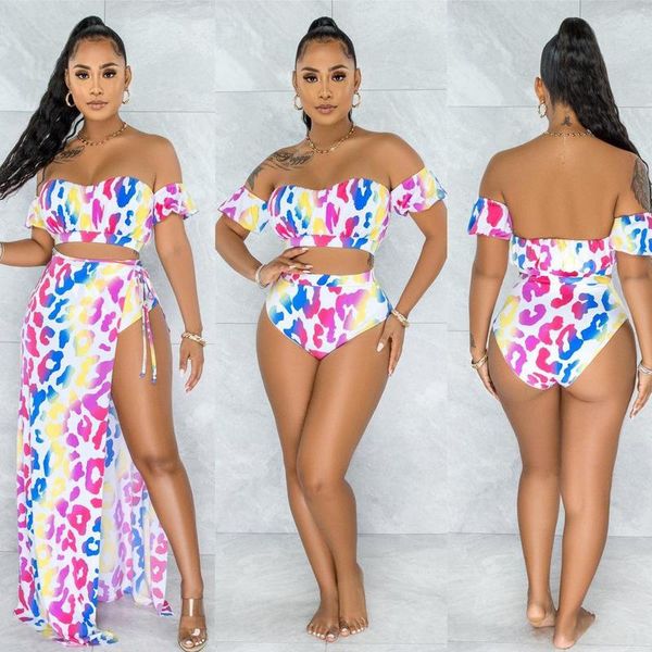 

women's swimwear 2021 3pcs/set beachweear women printed off shoulder bikini set+wrap skirt bathing suit cover up set, White;black