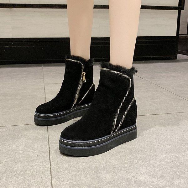 

boots flock zipper chunky snow women winter warm short plush round toe ankle woman casual platform cotton shoes, Black