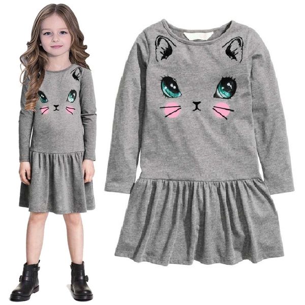 Gri Kedi Baskı Kızlar Elbise Süveter Sonbahar Uzun Kollu Kız Tek Parça Elbise Bluzlar Çocuk Gömlek Bebek Kız Giysileri 210413