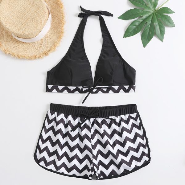 

print 2020 women's new bikini sawtooth swimsuit, White;black