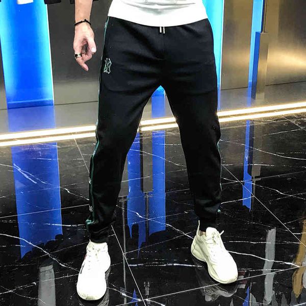 

pant custom-made autumn striped letter embroidered male lace-up fine versatile foot pants, Black