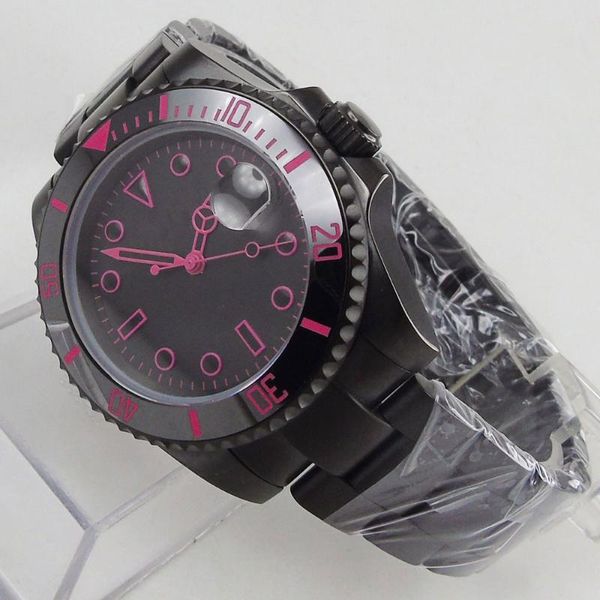 

wristwatches 40mm black sterile dial sapphire glass pvd coated ceramic bezel pink number date miyota 8215 movement automatic mens watch, Slivery;brown