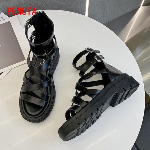 

ankle strap sandals gladiator flat platform black beige chunky summer shoes for woman thick bottom footwears p11s