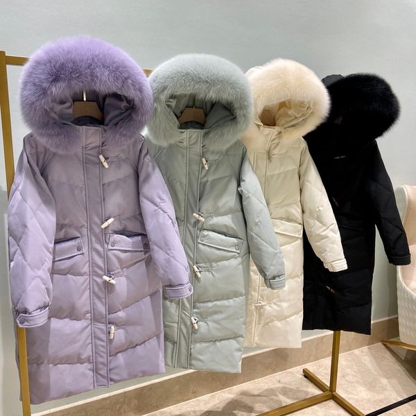 Inverno Donna 90% Piumino d'anatra bianco Cappotto lungo in vera pelliccia di volpe con cappuccio Parka allentato Fibbia in corno di bue Capispalla da neve 210423